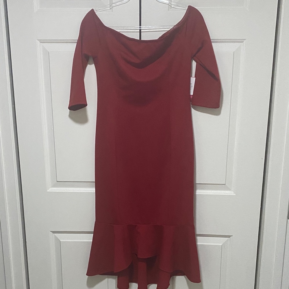 Shoe Dazzle Red High Low Off-Shoulder Dress